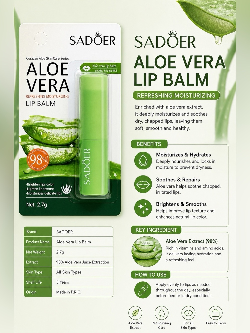 SADOER Aloe Vera Lip Balm 🌿 | Hydrating & Soothing | New
